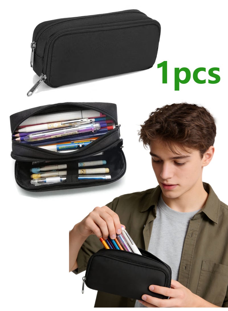 مقلمة أقلام كبيرة السعة، حقيبة أقلام أنيقة، منظم أدوات مكتبية، حقيبة أقلام بسيطة ومتينة ومتعددة الوظائف للرجال، أسود - Image 1